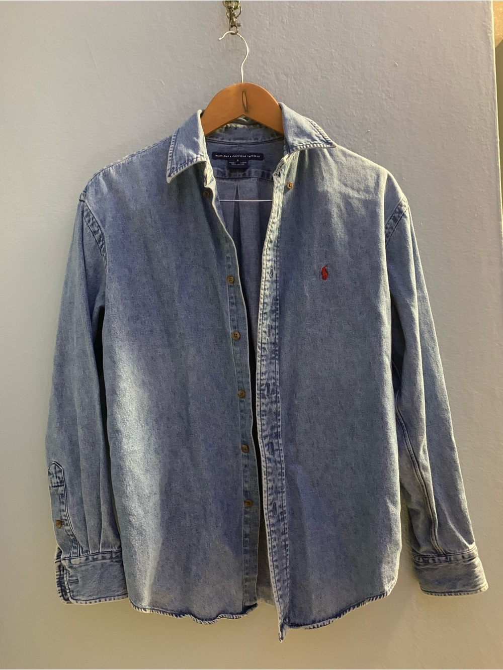 Ralph Lauren Light Blue Denim Button-Down Shirt with Red Pony
